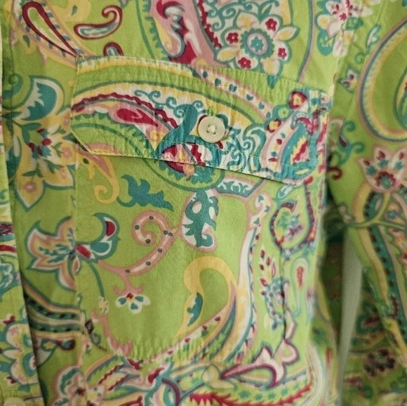 Chaps Medium Green Pink Paisley Cotton Button Down Shirt Boho Retro Y2K Preppy - Picture 5 of 11